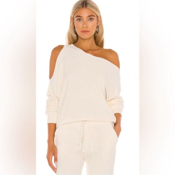 Lanston Minimalist Off-Shoulder Cream Slouchy Sweatshirt Relaxed Top Sz L NWT - Picture 1 of 11